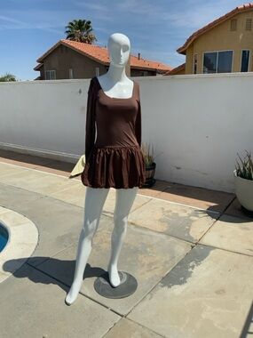 Brown Long Sleeve Ruffle Hem Mini Dress